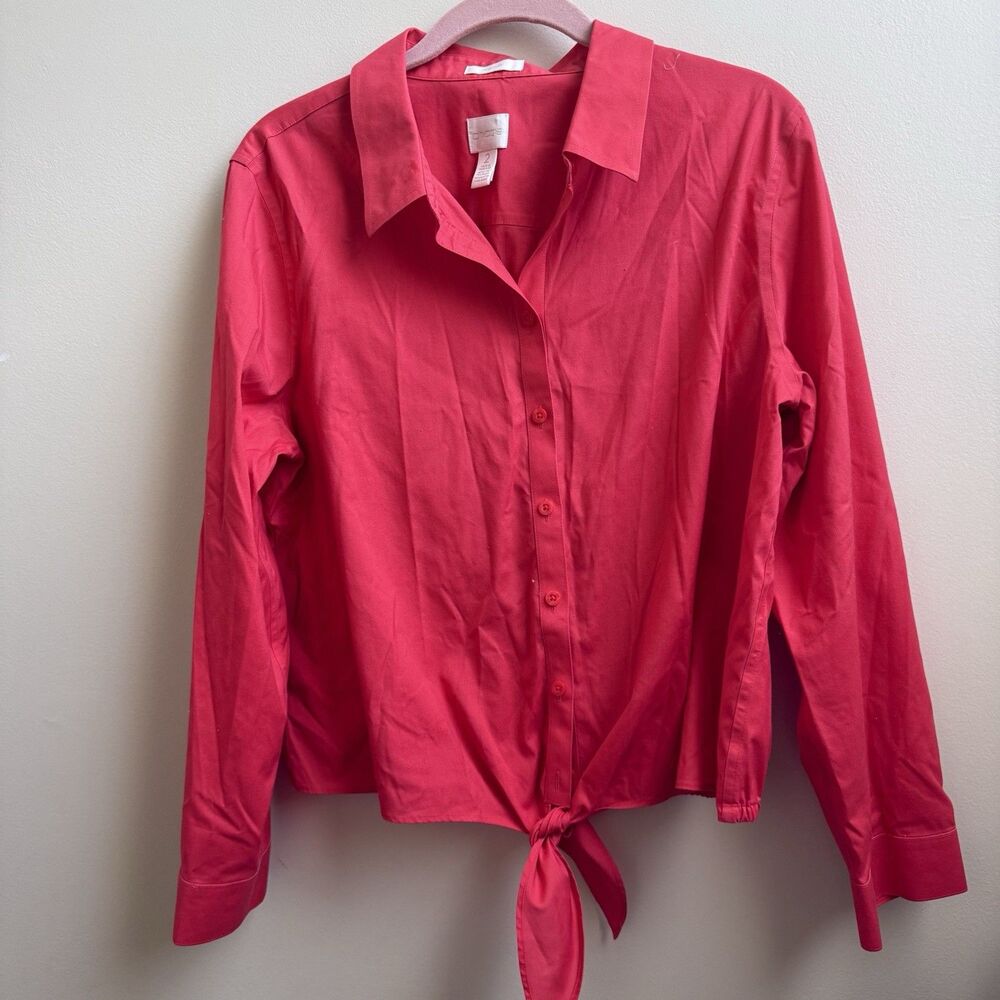 CHICO'S Coral No Iron Front Tie Blouse Top Shirt Size 2 (L)